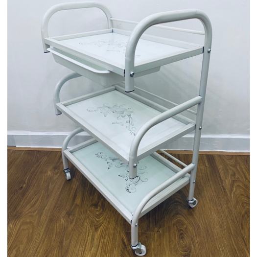 Kệ đựng đồ phun xăm, xe đẩy 3 tầng spa mặt kính hoa văn