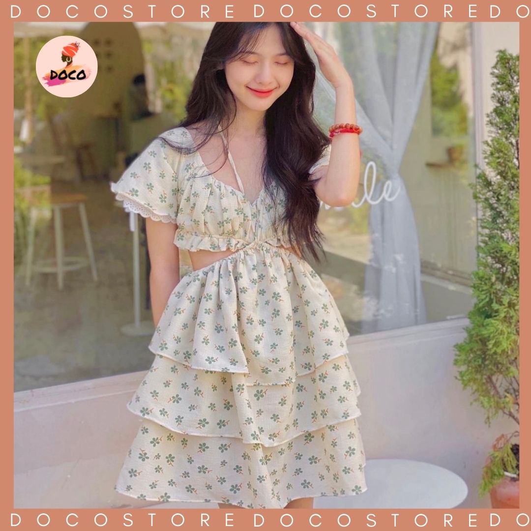 Đầm hoa nhí buộc dây cổ xẻ eo buộc dây lưng tôn dáng tiểu thư