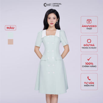 Đầm Nữ CCHAT Cổ Vuông Hai Hàng Khuy Chất Tuytsi Cao Cấp 53VNS8005XT