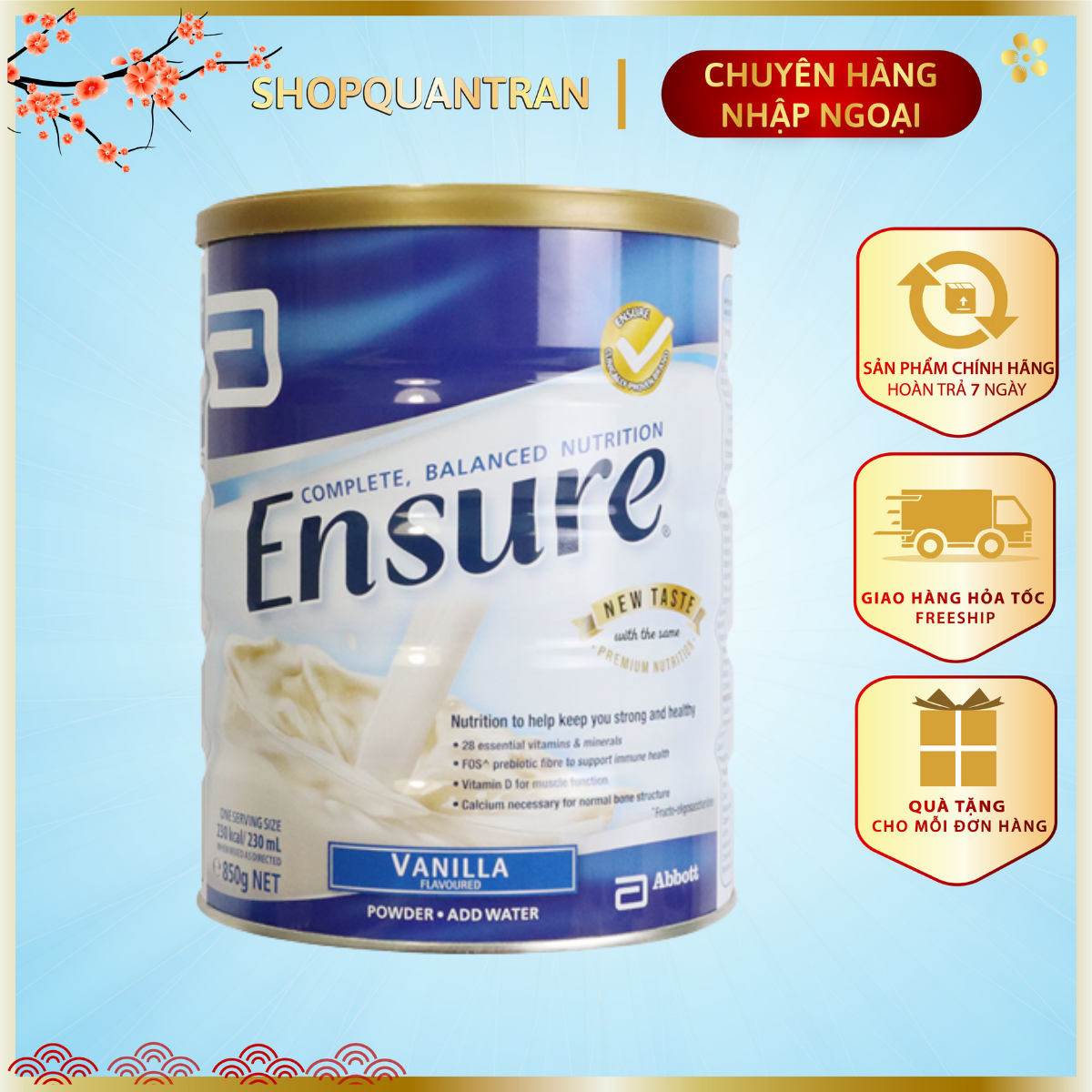Sữa Ensure Úc Hộp 850G (Date T1/2026) Hương Vanilla Chính Hãng Giá Tốt