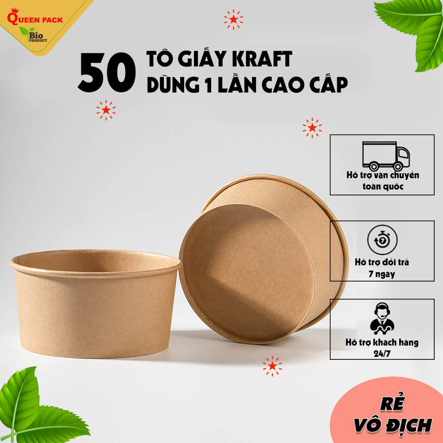 Sỉ 50 tô giấy kraft KHÔNG NẮP đựng thực cao cấp, dùng cho món phở, bún, cháo, canh xuất xưởng