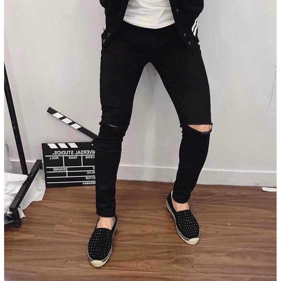 Quần jean dài nam big size màu đen rách ngang gối