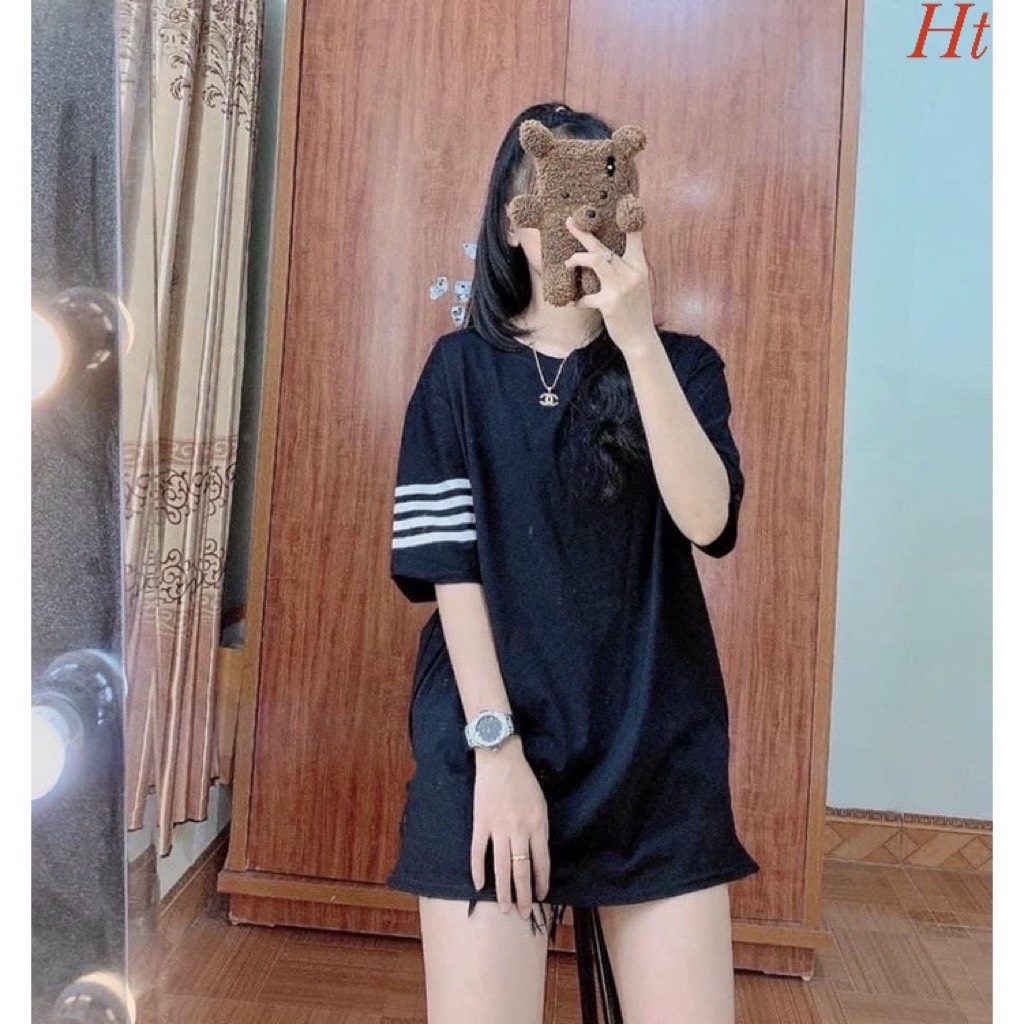 Áo thun form rộng tay 4 vạch 2 màu đen trắng,