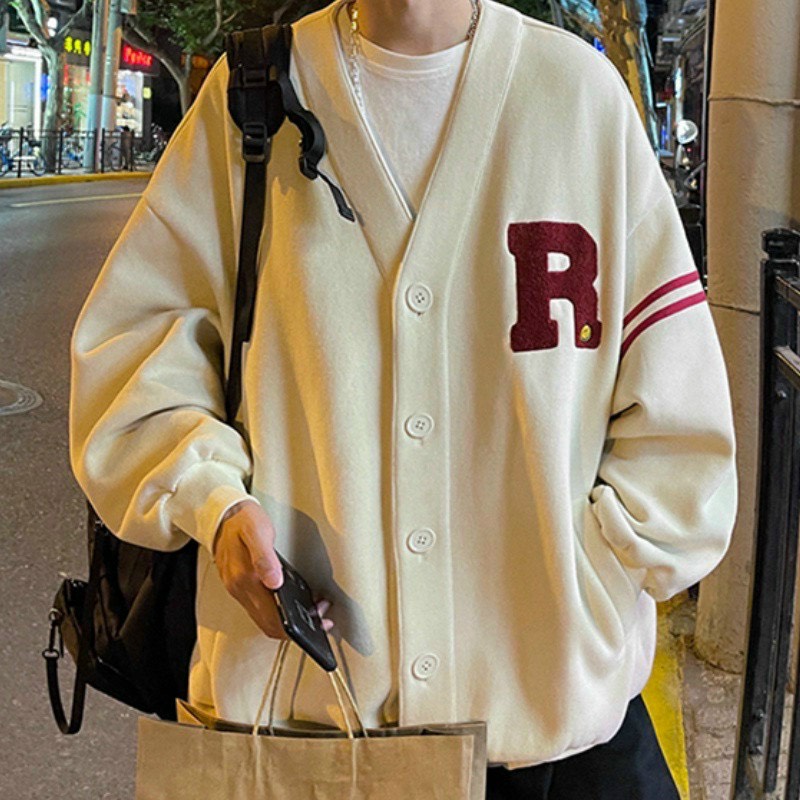 Áo khoác Cardigan nam nữ đẹp nỉ ấm áp mùa đông chống nắng cặp đôi Unisex hàn quốc họa tiết chữ R trắng đen kem công sở.