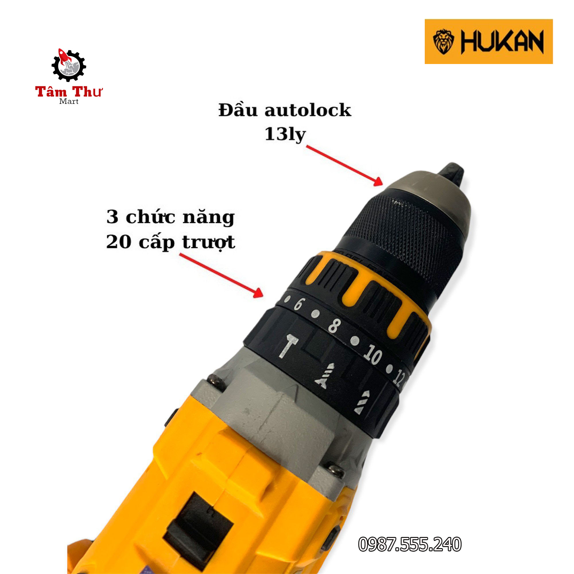 Máy khoan pin HUKAN X8 Pro không chổi than đầu kẹp 13 ly tặng túi