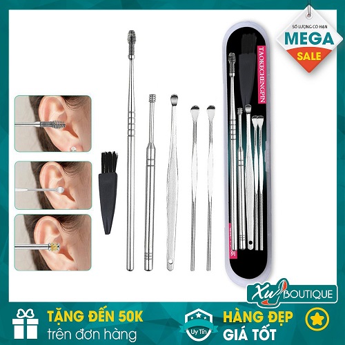 Bộ Dụng Cụ Ngoáy Tai Lấy Ráy Tai 6 Món Bằng Thép Không Gỉ Cao Cấp, bộ dụng cụ lấy rấy tai có đèn, bộ ngoáy tai có đèn cho bé