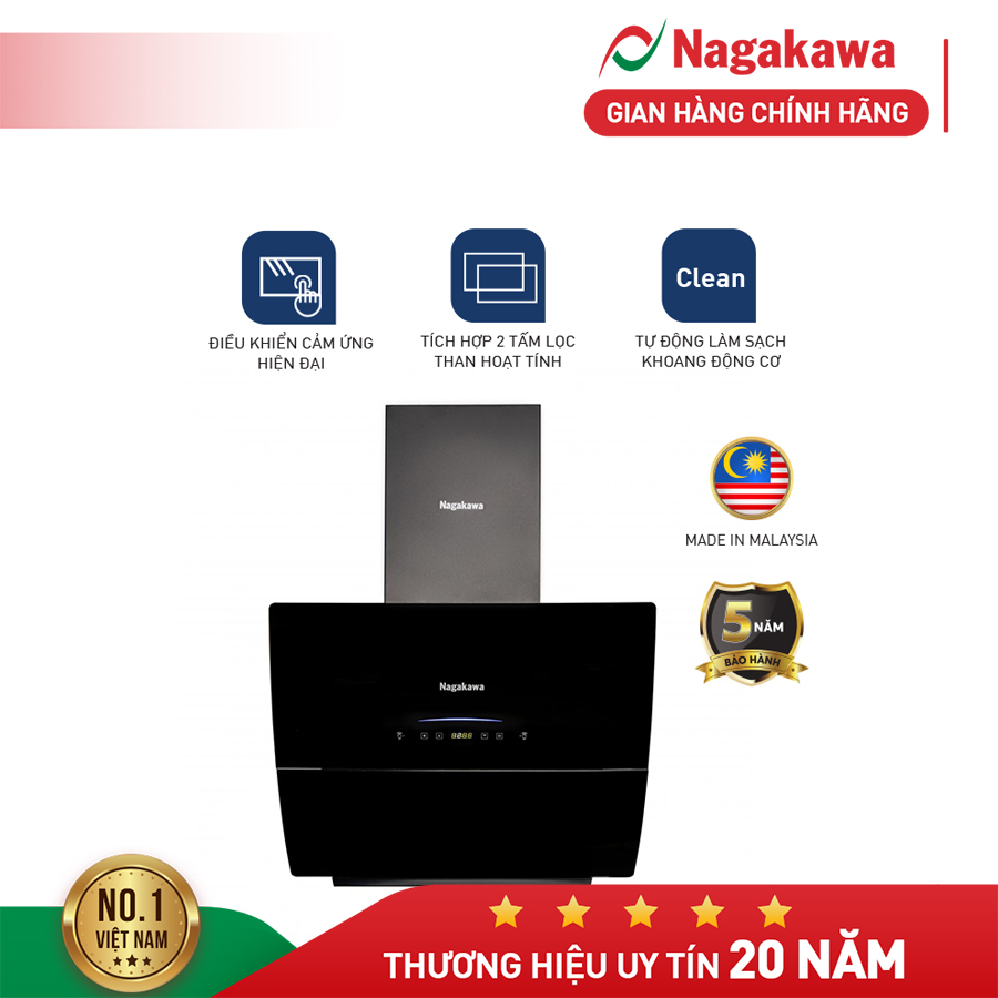 [Trả góp 0% + Freeship] Máy hút mùi Nagakawa NAG1854-70VM kính vát tích hợp 2 tấm lọc than hoạt tính lưới lọc nhôm chế độ tự làm sạch điều khiển cảm ứng Leap Motion - bảo hành 5 năm - made in Malaysia
