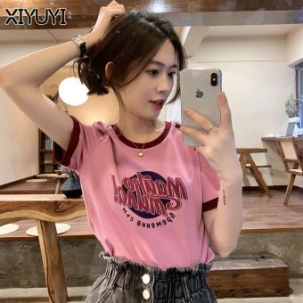 XIYUYI Áo Thun Ngắn Tay Mùa Hè Mới In Chữ Cắt Ngắn Cổ Tròn Colorblock
