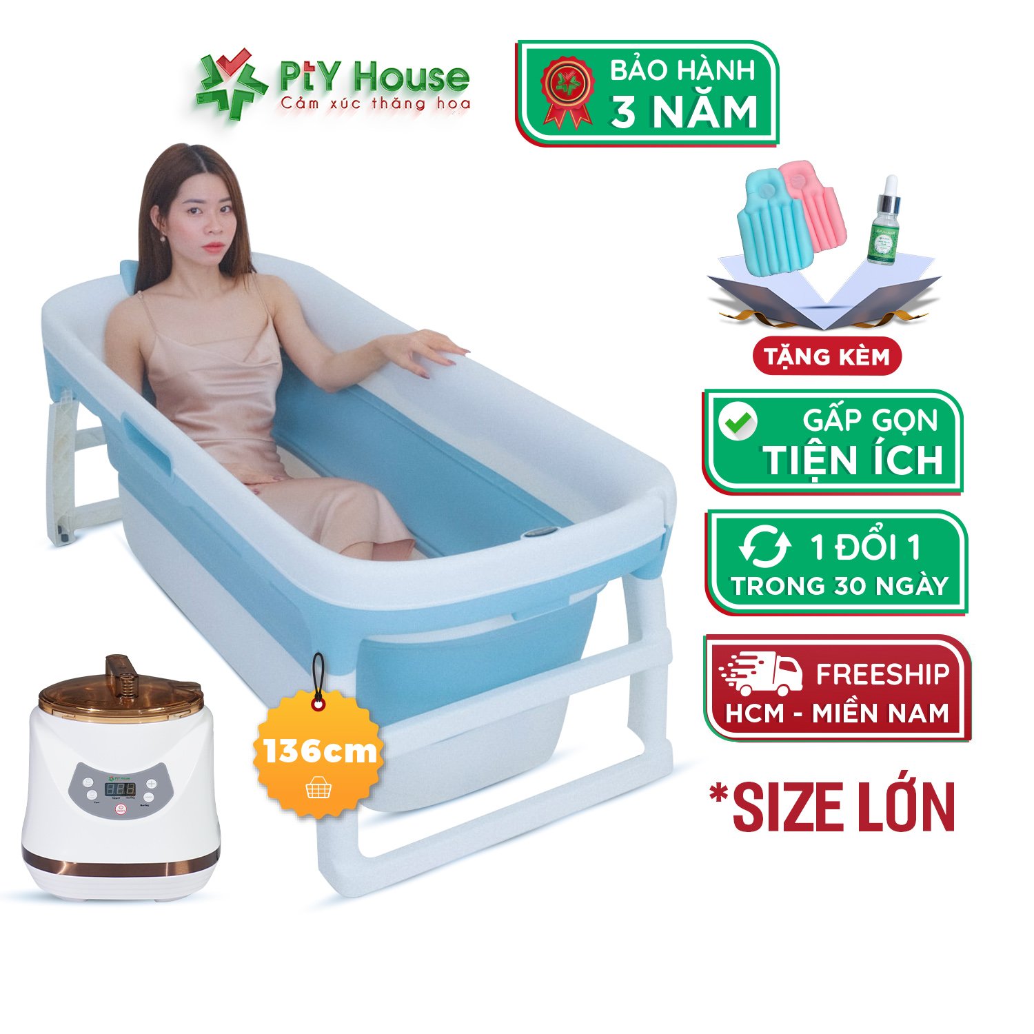 Compo Bồn Tắm Gấp Gọn Người Lớn PTY HOUSE Kèm Máy Xông Hơi Cao Cấp, Màu Xanh Kích Thước 136cm Tắm Xông Hơi Sử Dụng Tiện Lợi Cho Cả Gia Đình