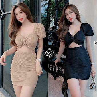 Đầm Body Phom Ngắn Tay Phồng Xoắn Ngực Khoét Eo Chất Thun Xốp Nhăn Thích Hợp Mặc Đi Tiệc Đi Làm Đi Chơi