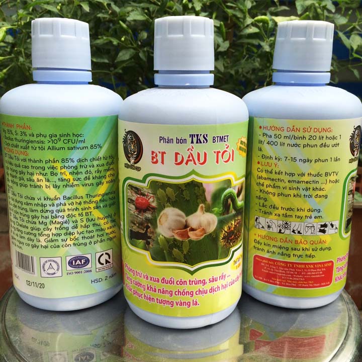 BT Dầu Tỏi - Dịch Chiết Xuất Từ Tỏi Allium Sativum Giúp Phòng Trừ Và Xua Đuổi Côn Trùng Gây Hại Như: Bọ Trĩ, Nhện Đỏ, Rầy Mềm Rệp Sáp Và Sâu Ăn Lá…Tăng Sức Đề Kháng, Giúp Gây Tránh Bị Lây Nhiễm ViRus Gây Xoăn Ngọn.