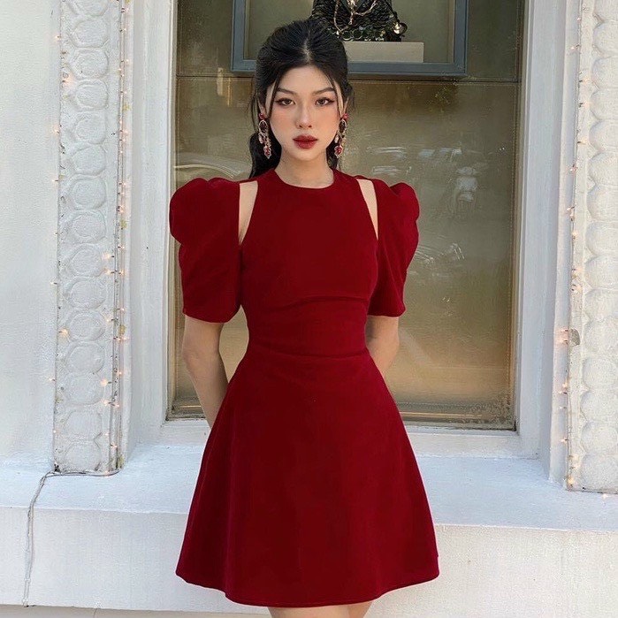 Đầm đỏ mặc tết dự tiệc - đầm chất umi tay bồng khoét vai 2 màu xinh xắn
