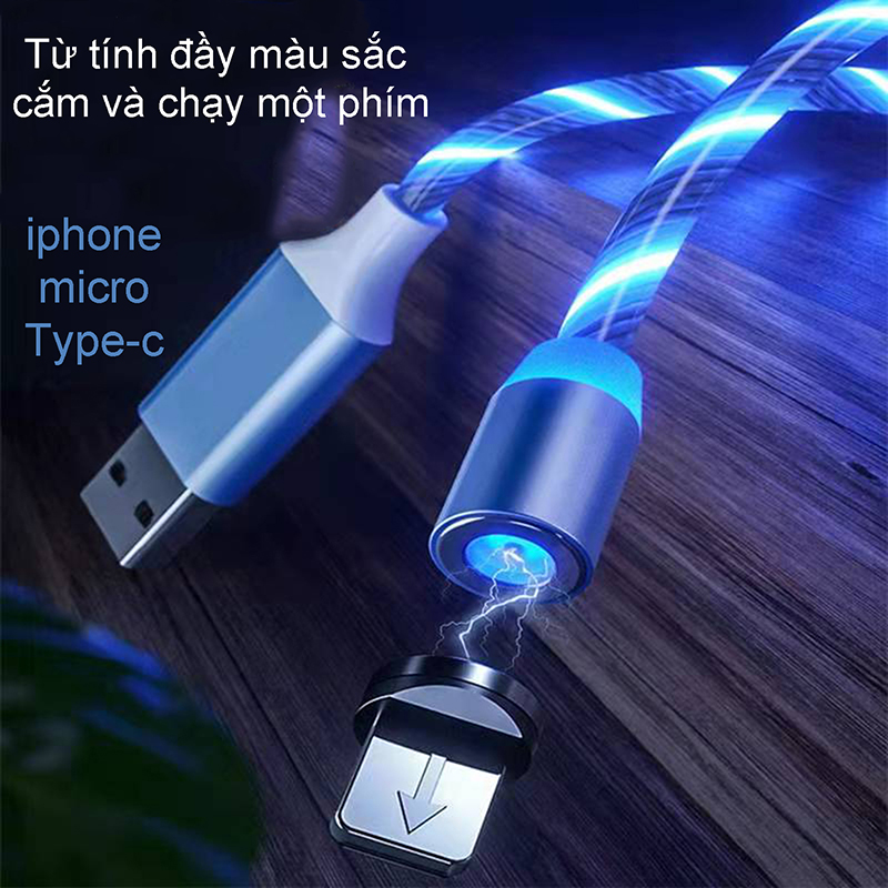 cáp sạc đèn LED đầu từ tính hít nam châm 360 cổng tròn dây phát sáng tạo hiệu ứng dòng chảy đẹp mắt ( gồm 1 dây và 1 đầu),Cáp sạc chuẩn kết nối phát sáng đầu nam châm hút đầu Lighning