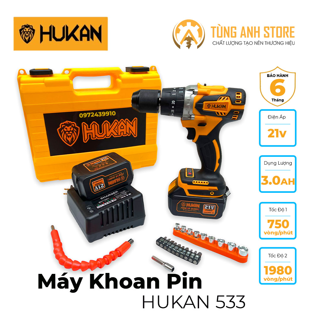 Khoan pin không chổi than ba chức năng HUKAN HK-533BL tặng kèm 4 mũi