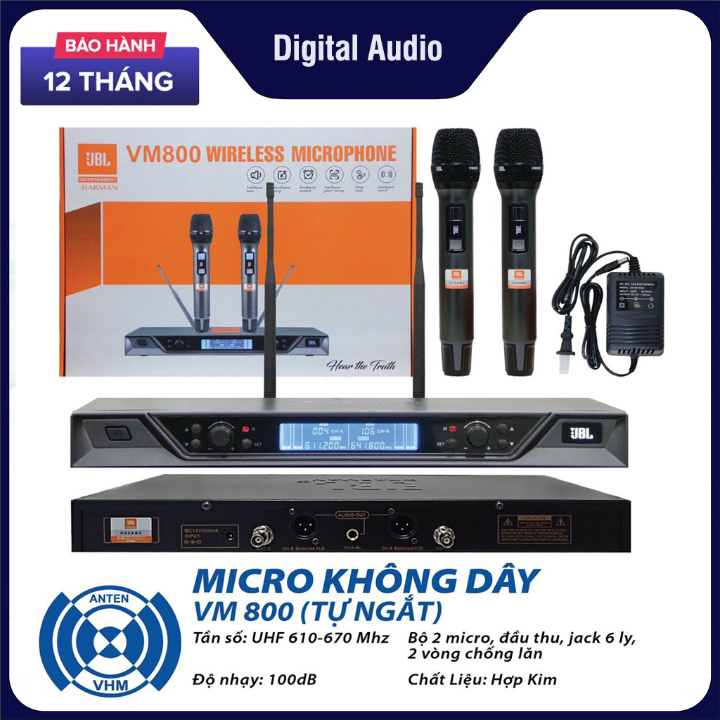 Micro karaoke gia đình, phòng trà, sân khấu cao cấp, micro không dây jbl vm 800 cao cấp, âm thanh rõ ràng, trong trẻo, chống hú, chống rít tối ưu, tính năng cảm biến tự ngắt, phạm vi hoạt động xa, công suất lớn, bh 12 tháng