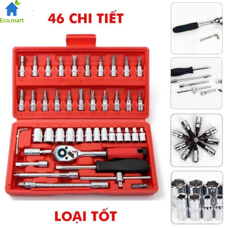 Bộ dụng cụ vặn ốc vít đa năng 46 món tiện dụng có hộp đựng màu đỏ. Bộ dụng cụ sửa chữa đa năng mở ốc vít bulong nhiều kích cỡ khác nhau Ecomart,Eco08. Tiện dụng