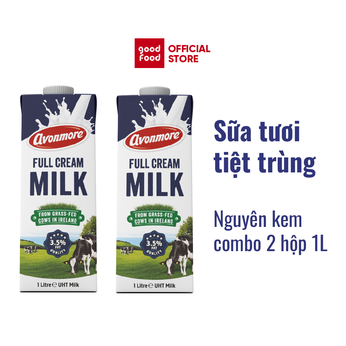 Combo 2 hộp Sữa tươi nguyên chất tiệt trùng (không đường) Avonmore UHT Full Cream Milk 1L giàu chất dinh dưỡng tốt cho sức khỏe