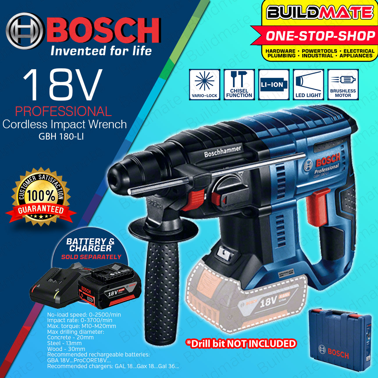 BOSCH 18V Cordless Rotary Hammer Drill with Case