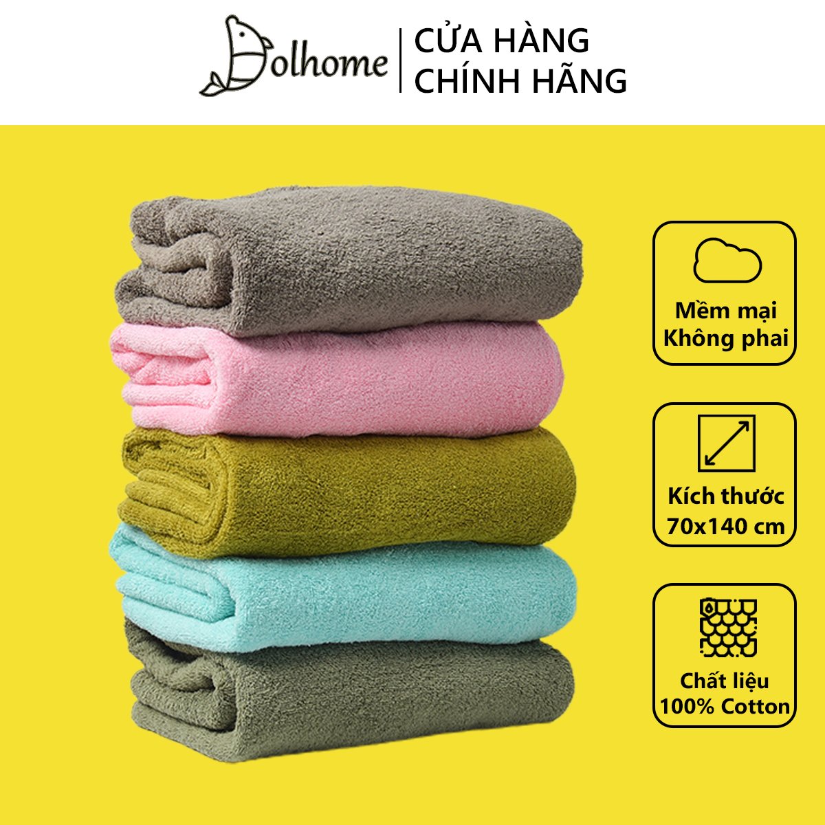 Khăn tắm 100% cotton kích thước 70x140cm mềm mại kháng khuẩn đạt tiêu chuẩn dệt may IQC ,Khăn tắm hàn quốc Dolhome nhiều màu sắc