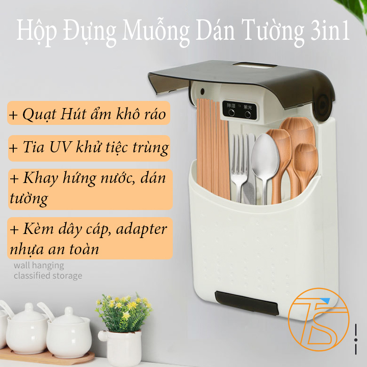 Kệ đựng đũa muỗng thông minh có khử khuẩn bằng tia UV - Máy sấy đũa thìa dao kéo - Kệ nhà bếp đa năng - Ống đựng muỗng đũa dán tường