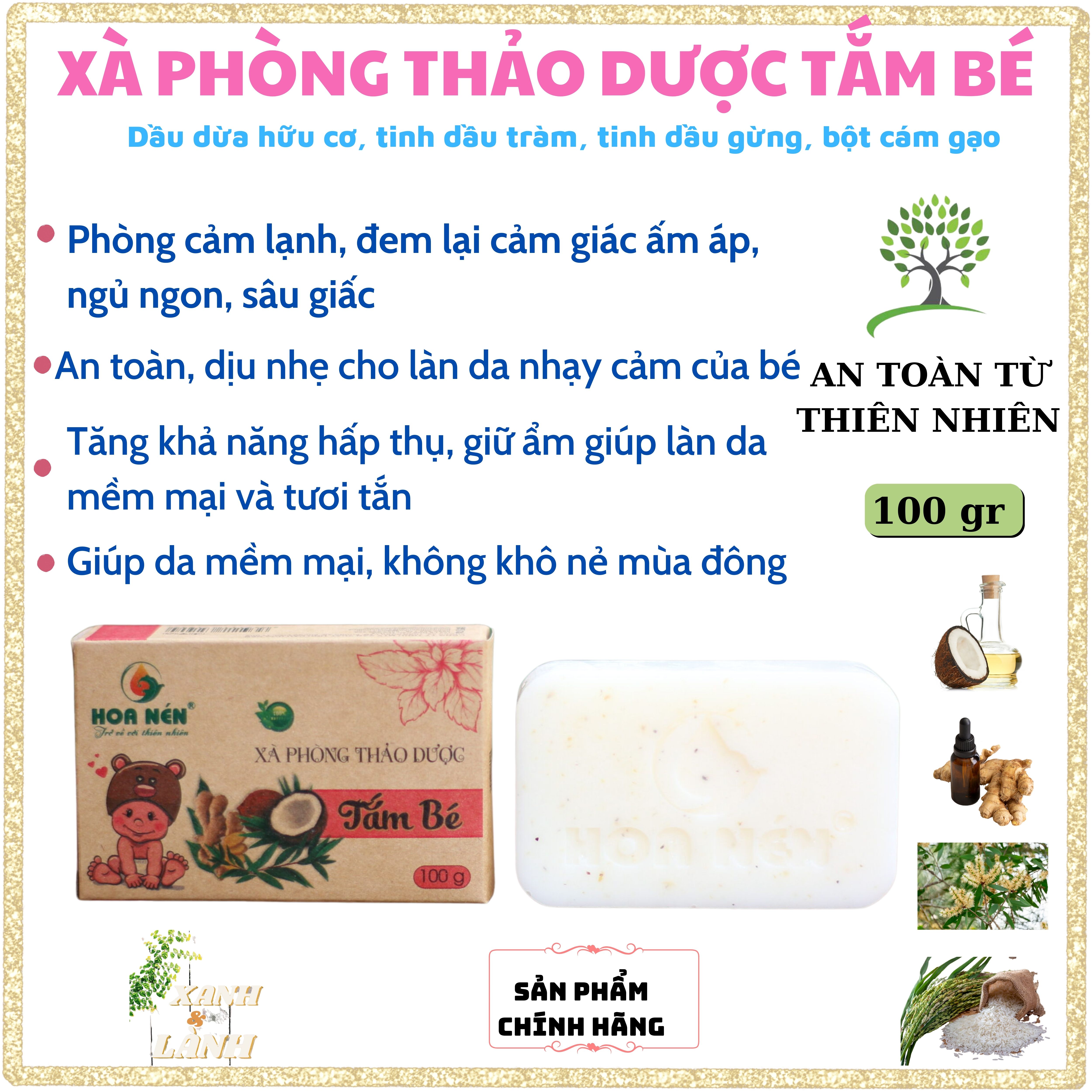 Xà Phòng Thảo Dược Thiên Nhiên Tắm Bé HOA NÉN 100 gr Tinh Dầu Tràm, Gừng Kết Hợp Dầu Dừa Hữu Cơ Phòng Cảm Lạnh, Giữ Ấm, Giúp Ngủ Ngon, Sâu Giấc, Giữ Da Luôn Mềm Mại, Tăng Khả Năng HấpThụ Giữ Ẩm Da
