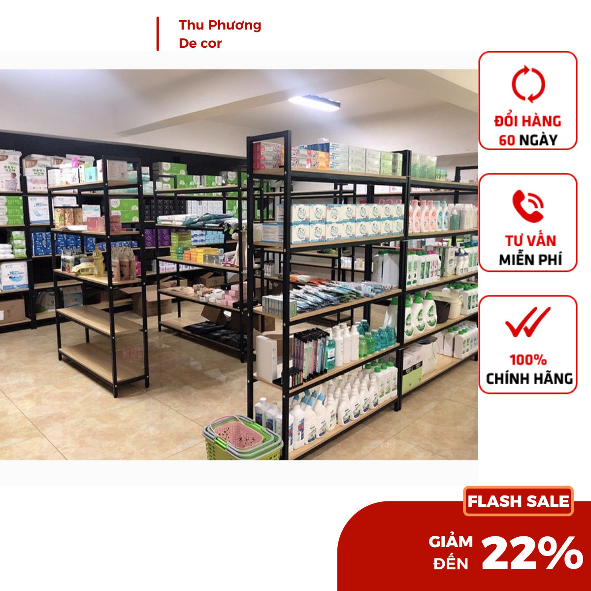 Kệ sắt đa năng 4 tầng và 5 Tầng trưng bày sản phẩm cửa hàng siêu thị, khung sắt sơn tĩnh điện, mặt gỗ melamin chịu tải