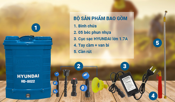Bình phun thuốc trừ sâu điện hyundai hd-8022 | bình xịt điện chạy điện 12v, dung tích 20 lít, bơm đôi