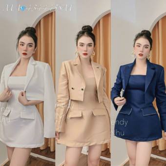 Sét đầm kèm áo khoác vest croptop