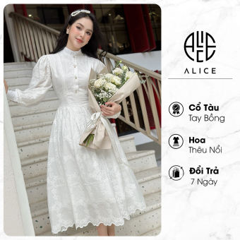 Váy Tiểu Thư Hoa Thêu Nổi Cổ Tàu Cúc Ngọc ALICE Dáng Dài, Tay Bồng, Phong Cách Điệu Đà V889
