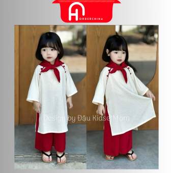 Set áo dài lụa gấm kèm quần và khăn đỏ cho bé gái - HNOrderChina