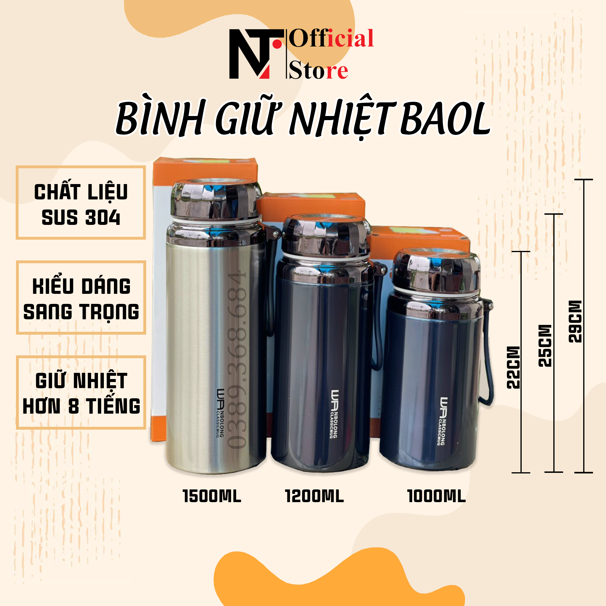 Bình giữ nhiệt nóng lạnh chính hãng baol, bình giữ nhiệt 1500ml, 1200ml, 1000ml, 780ml, 600ml chất liệu inox 304 cao cấp - nt store