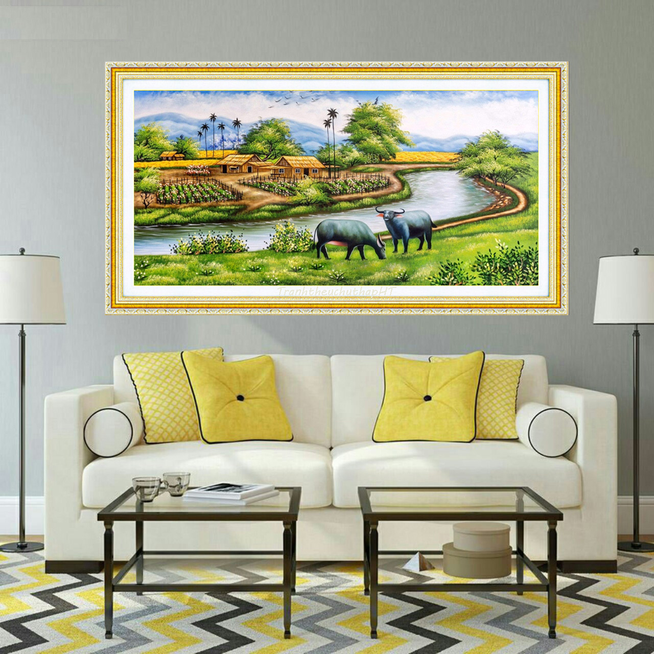 Tranh đính đá phong cảnh Làng quê thanh bình LV045 - tự đính