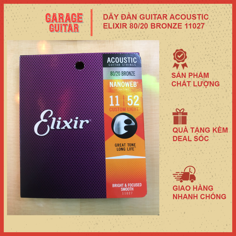 Dây đàn kim loại rất tốt dành cho đàn guitar acoustic elixir 80/20 bronze 11027 - có tem hàng chính hãng phân phối - garage guitar