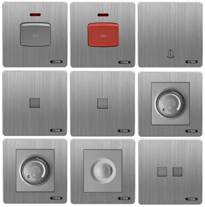 Uten S300 màu ghi - Nút nhấn chuông, công tắc 20A, 45A, ổ mạng, ổ thoại, dimmer quạt, đèn, cảm biến, ổ thẻ từ, ổ cắm usb mặt vuông