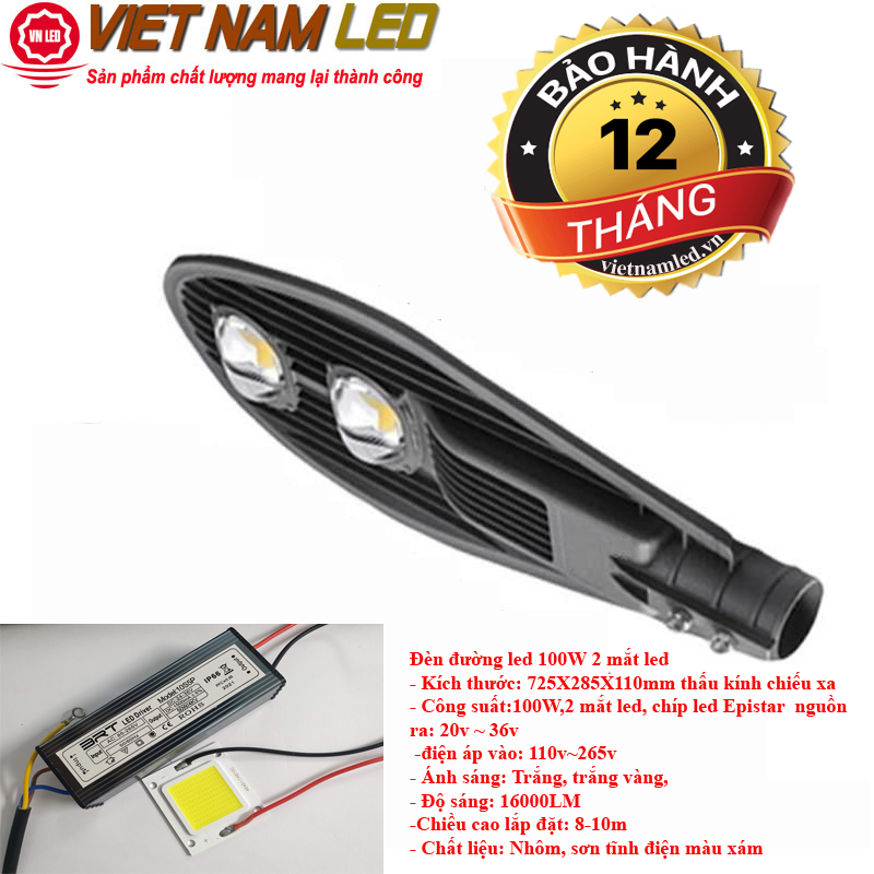 Đèn đường led 100w 2 mắt led, điện vào 220v