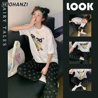 DUOHANZI Smile face print Black casual female loose home trousers can wear pajamas pants outside