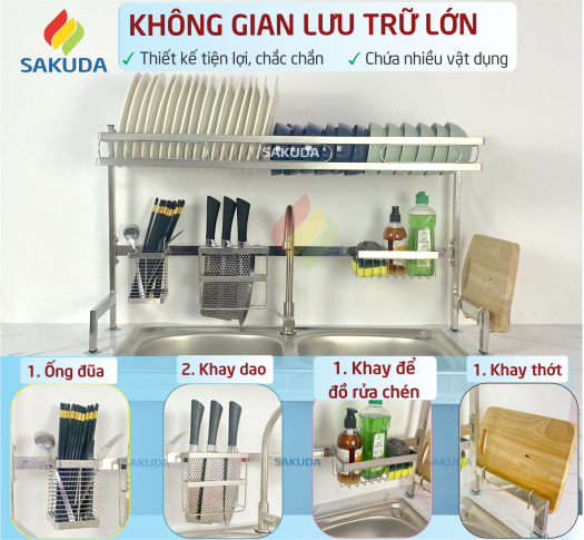 Kệ Úp Chén Bát Inox Foodcom - Kệ Chén Đa Năng Inox Để Trên Bồn Rửa - Kệ Để Chén Loại 1 tầng, Size 86cm - Hàng Chính Hãng, Bảo Hành 12 Tháng