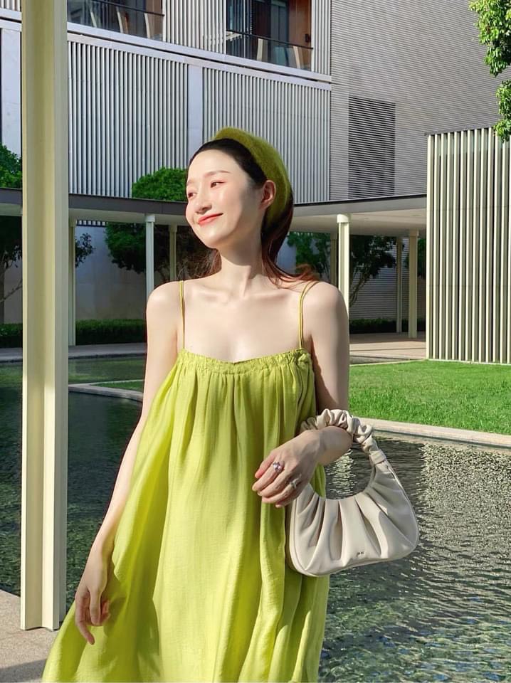 Đầm maxi hai dây chun ngực dáng dài váy maxi màu xanh hot trend