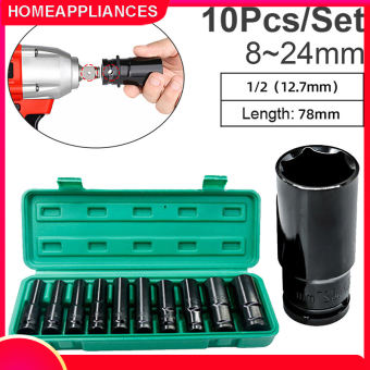 Bộ 10 đầu khẩu, đầu túyt Cao Cấp dùng cho máy siết bulong 1/2 -8-24mm Bộ chặn T&G, chặn bi dài, chặn đen, bộ cờ lê điện 1/2in 4 hun số 8-10-12-13-14-16-17-19-21-24 kèm hộp