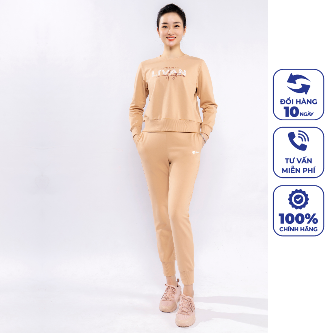Set áo nỉ & quần jogger nữ livan sport stay happy màu be cao cấp