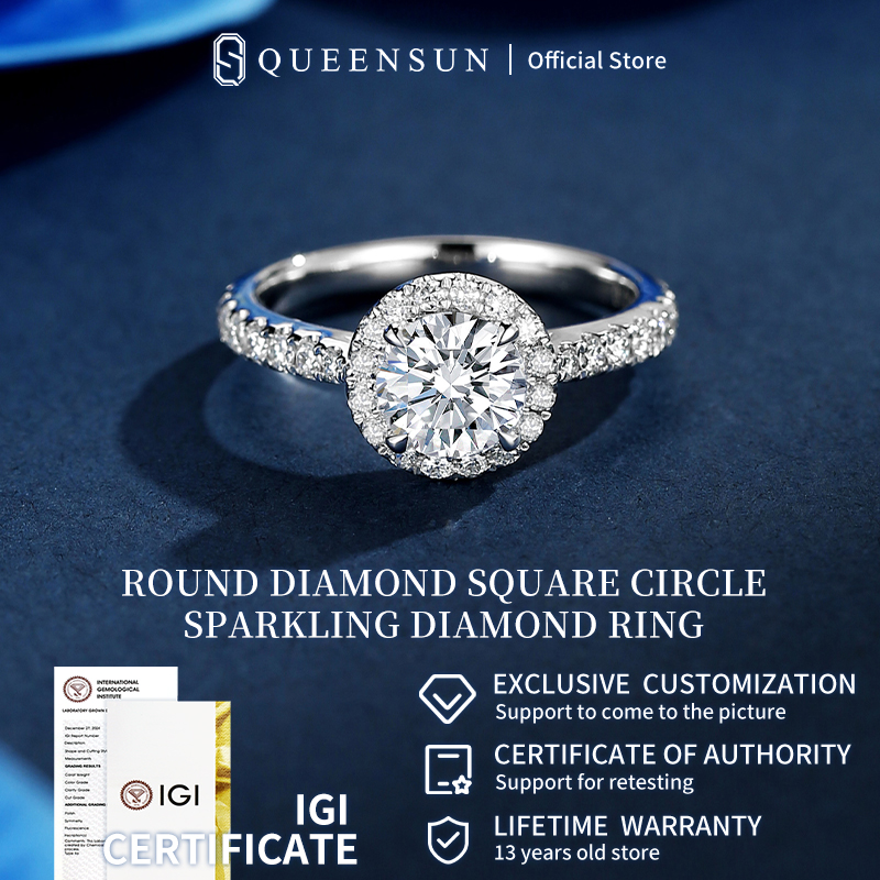  QUEENSUN 1 carat 18K gold Lab Grown Diamond ring Round surround /set with real diamond ring /for women's artificial diamond  wedding proposal 圆围镶真钻戒wedding band ring/accessories for ladies