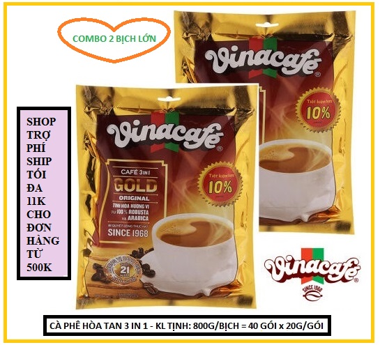 1 COMBO 2 BỊCH LỚN = 800G/BỊCH X 2 BỊCH (20G/GÓI X 40 GÓI/BỊCH X 2 BỊCH) CÀ PHÊ HÒA TAN 3 IN 1 THƯƠNG HIỆU VINACAFE - TINH HOA HƯƠNG VỊ TỪ 100% ROBUSTA VÀ ARABICA