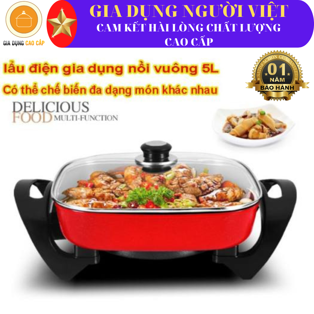 NỒI LẨU ĐIỆN VUÔNG ĐA NĂNG 5 lít- Công nghệ Hàn Quốc; nồi lẩu hình vuông nồi chiên xào dung lượng lớn chống dính lau rửa dễ dàng tay cầm cách nhiệt rễ dàng chân chắc trẵn trống trượt ,rễ dàng vệ sinh BH 12 THÁNG 1 ĐỔI 1