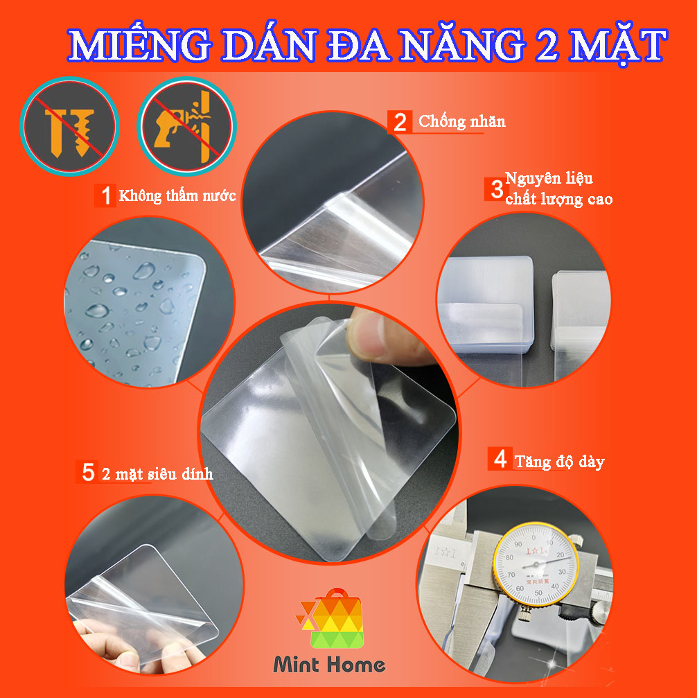 Miếng dán tường băng keo 2 mặt thay thế móc giá kệ treo để đồ, chổi, tranh, kính, cây lau nhà thông minh đa năng nhà tắm