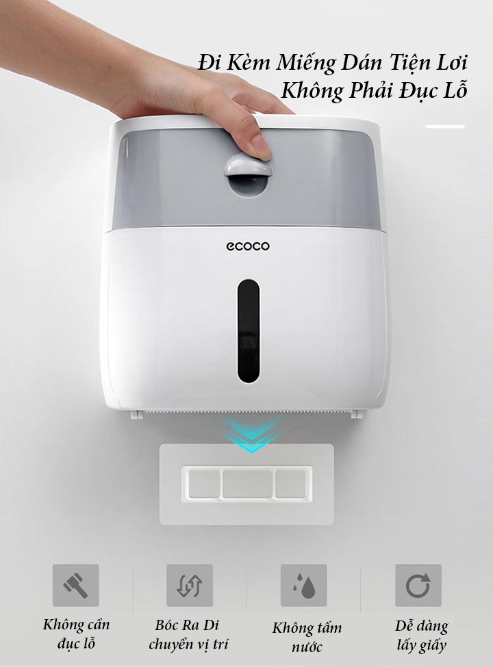 Hộp đựng giấy vệ sinh Ecoco có ngăn kéo kèm miếng dán cường lực, hộp đựng giấy vệ sinh không thấm nước DGD100