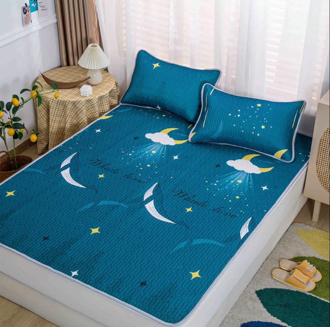 Chiếu điều hòa cao su non mẫu cá màu xanh 1m8 tặng kèm 2 vỏ áo gối