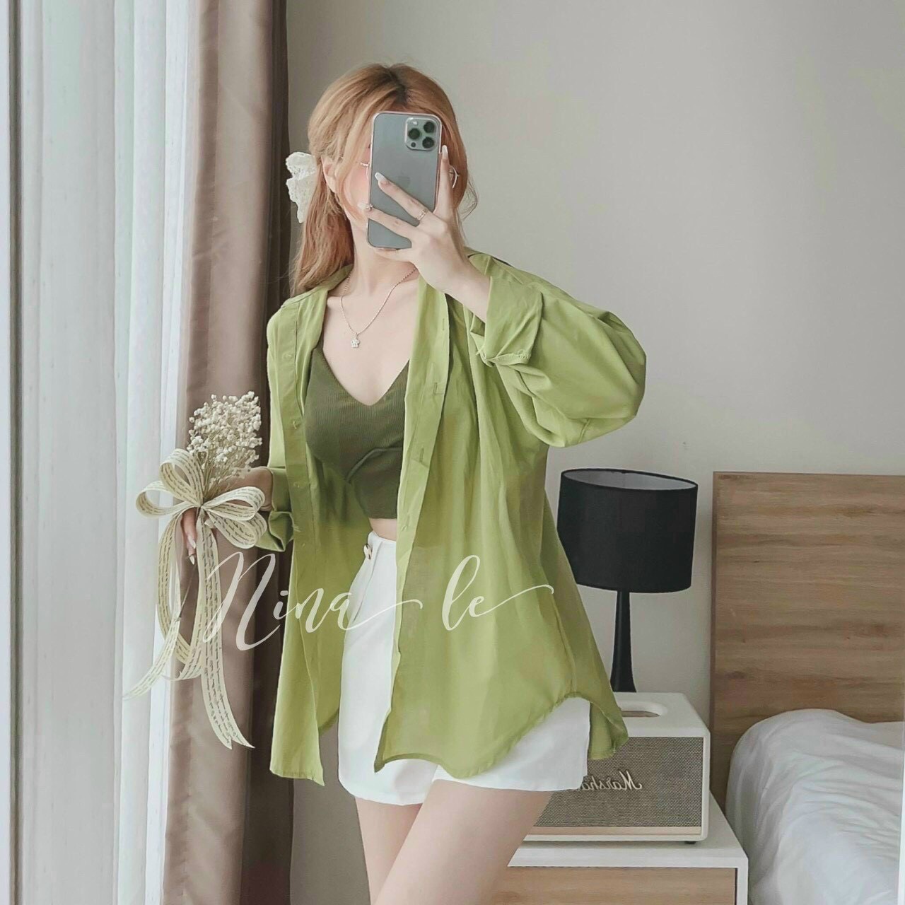 Sét 3 món áo sơ mi kèm áo 2 dây có mút quần trắng cực xinh-qa store2020