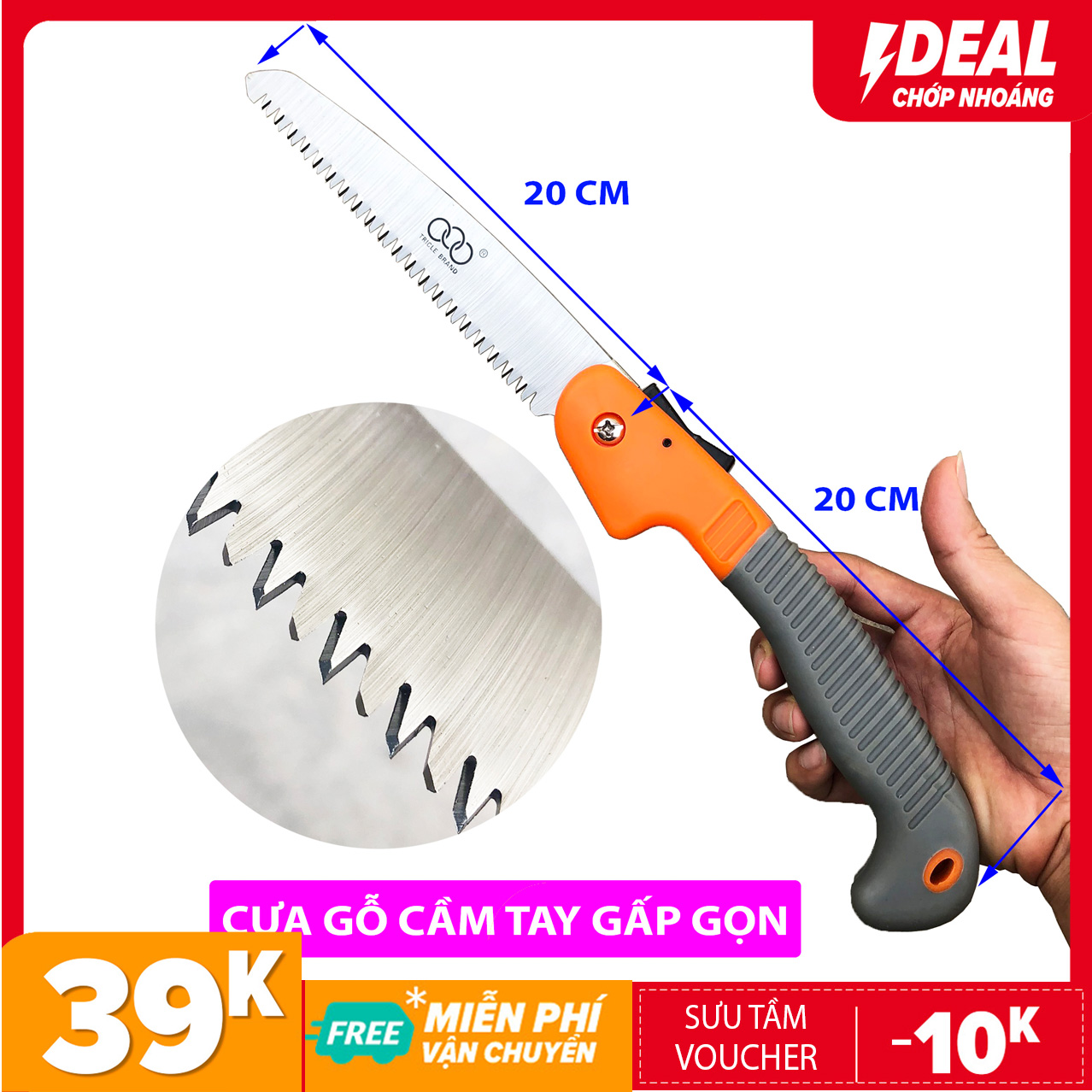 Cưa cành gấp gọn - cưa gỗ cầm tay mini Chất liệu: Thép Nhật SK95 siêu sắc bén Độ dài khi gấp: 22c Độ dài khi duỗi: 40cm Cán được bọc lớp nhựa cao cấp chống trượt