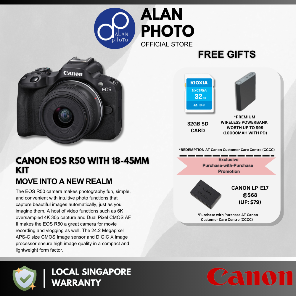 Canon EOS R50 r50 with RF-S 18-45mm F4.5-6.3 IS STM Lens | Canon Singapore Warranty