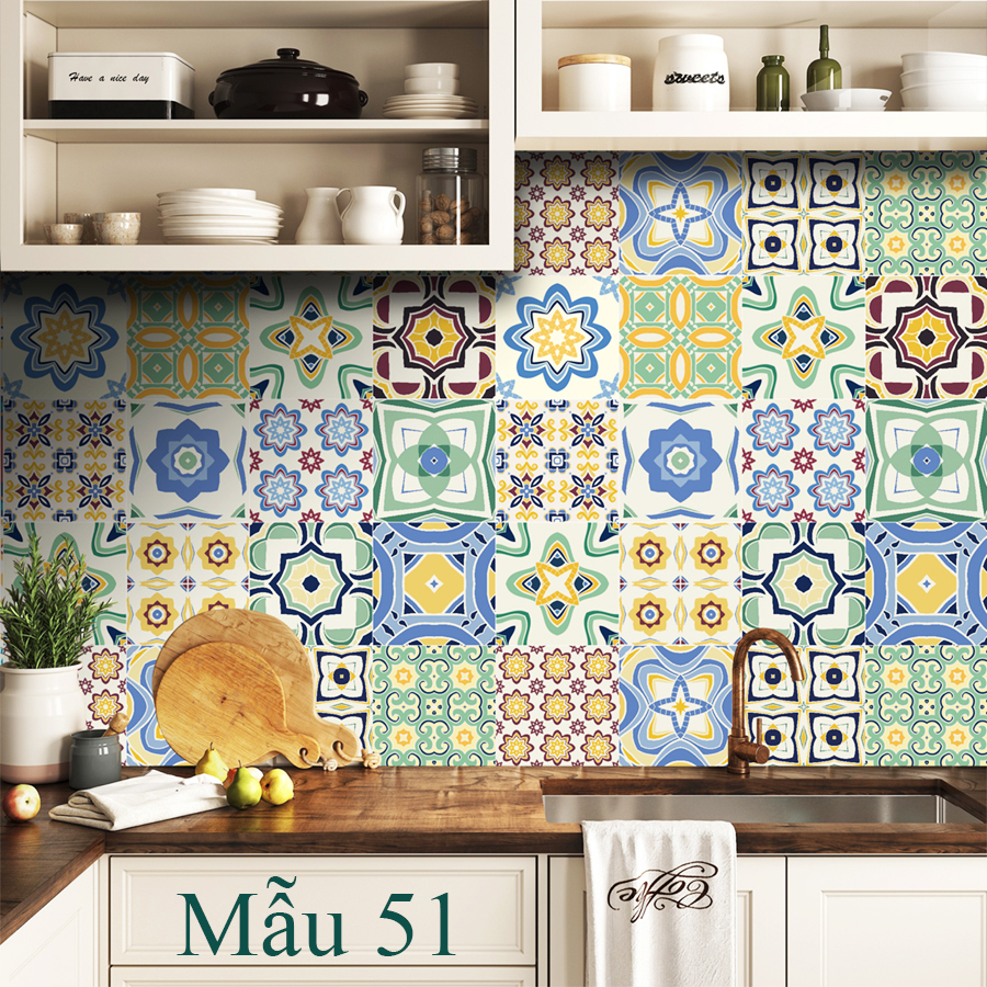 [HCM]Decal gạch bông Set 32 ô 15cm hoặc 18 ô 20cm - NK51 (60x120cm bán đúng decal nhựa không phải decal giấy PP) hoa văn xanh lá dán tường dán kính dán bếp